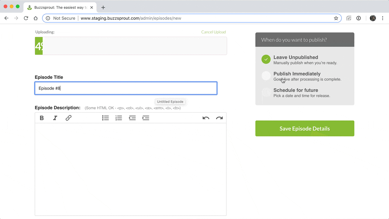 Scheduling a podcast inside of Buzzsprout