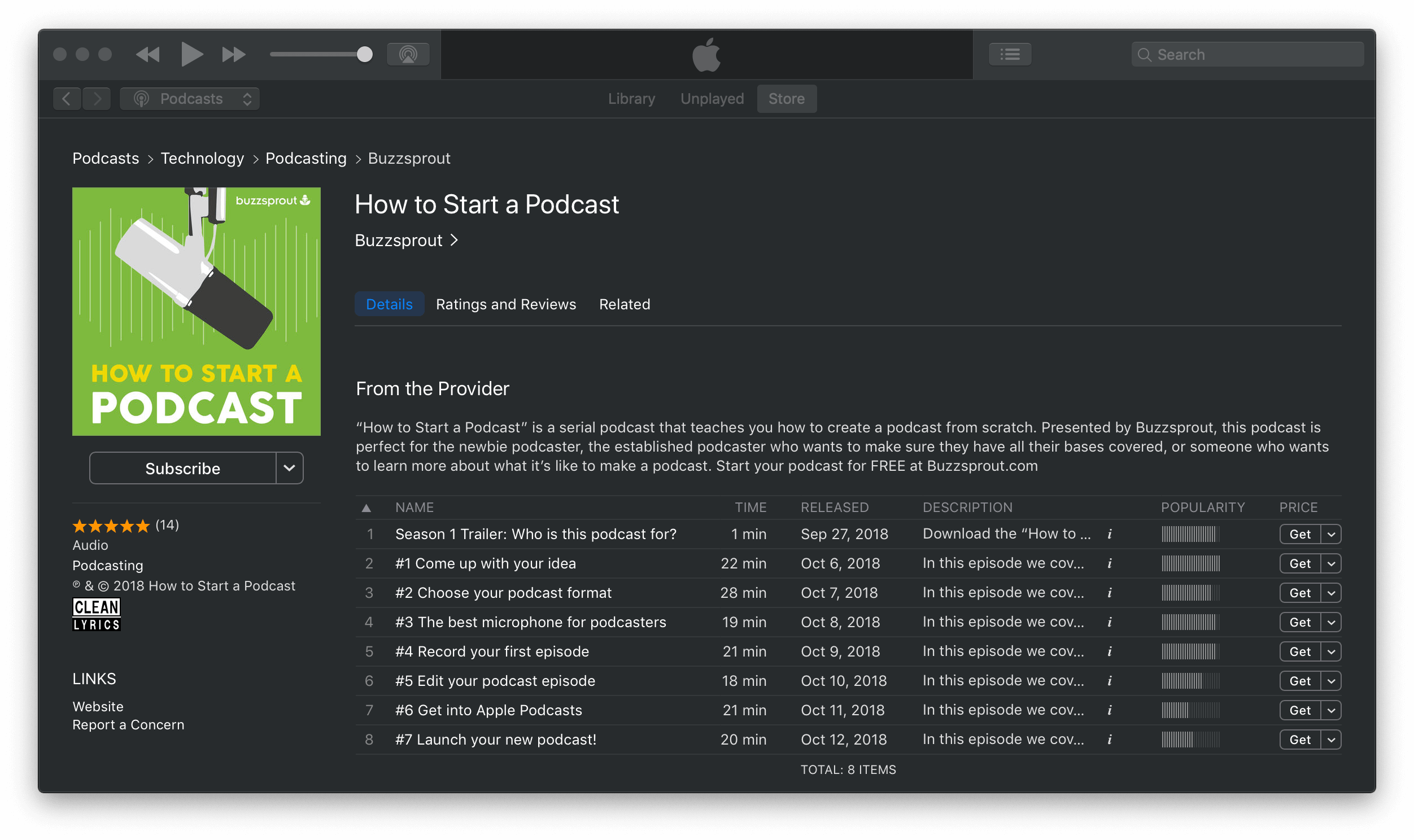 Podcast in iTunes Dark Mode