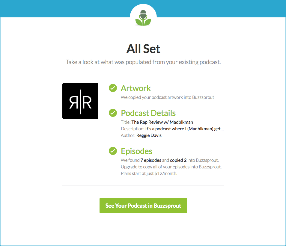 Importing podcast confirmation page